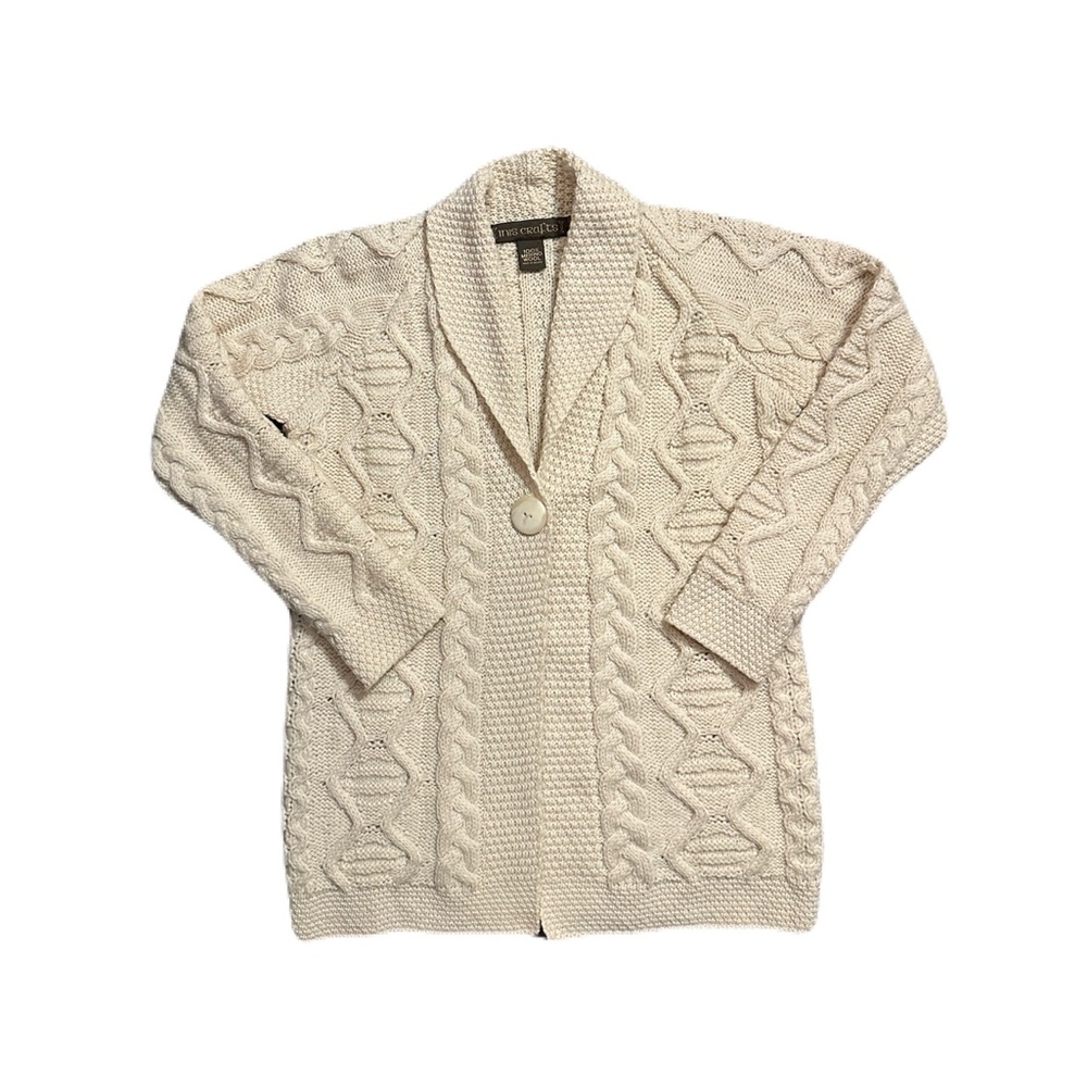INIS CRAFTS Ireland Ivory 100% Merino Wool Shawl Collar Cardigan Sweater Small
